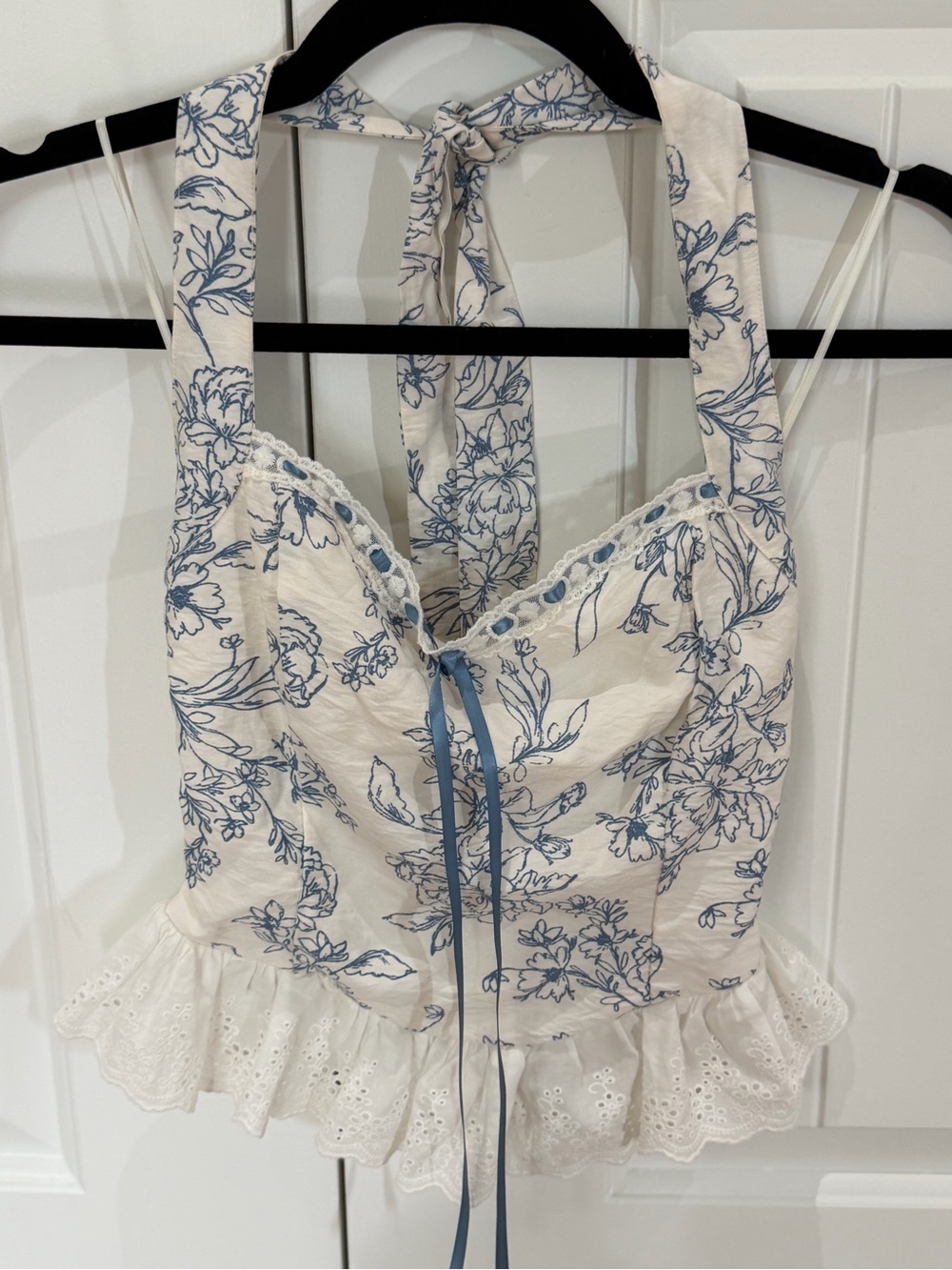 Thirty / Thirty NWT Cream and Blue Floral Halter Corset Ruffled Peplum Top